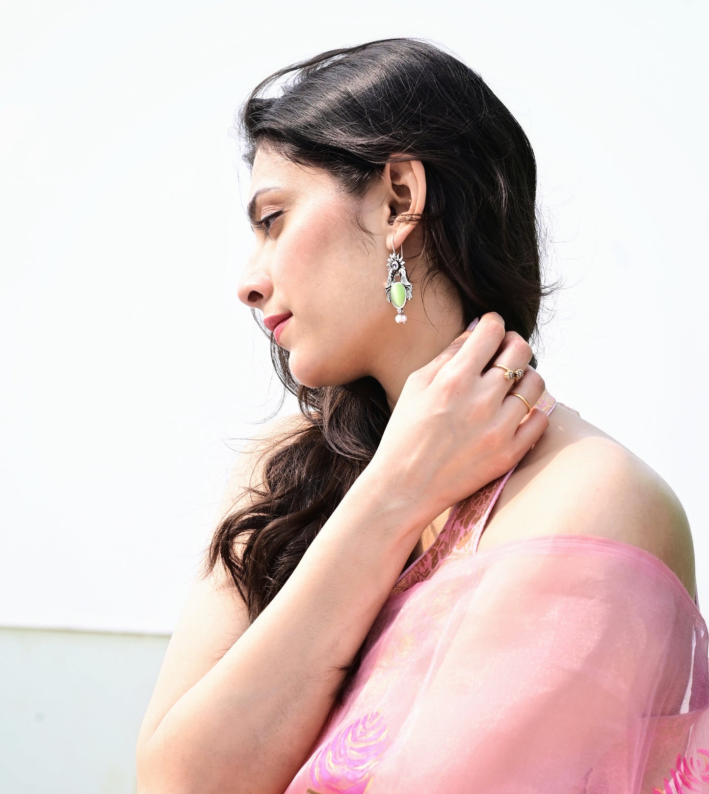 Malook Mint Green Bird with Sun Design Earrings