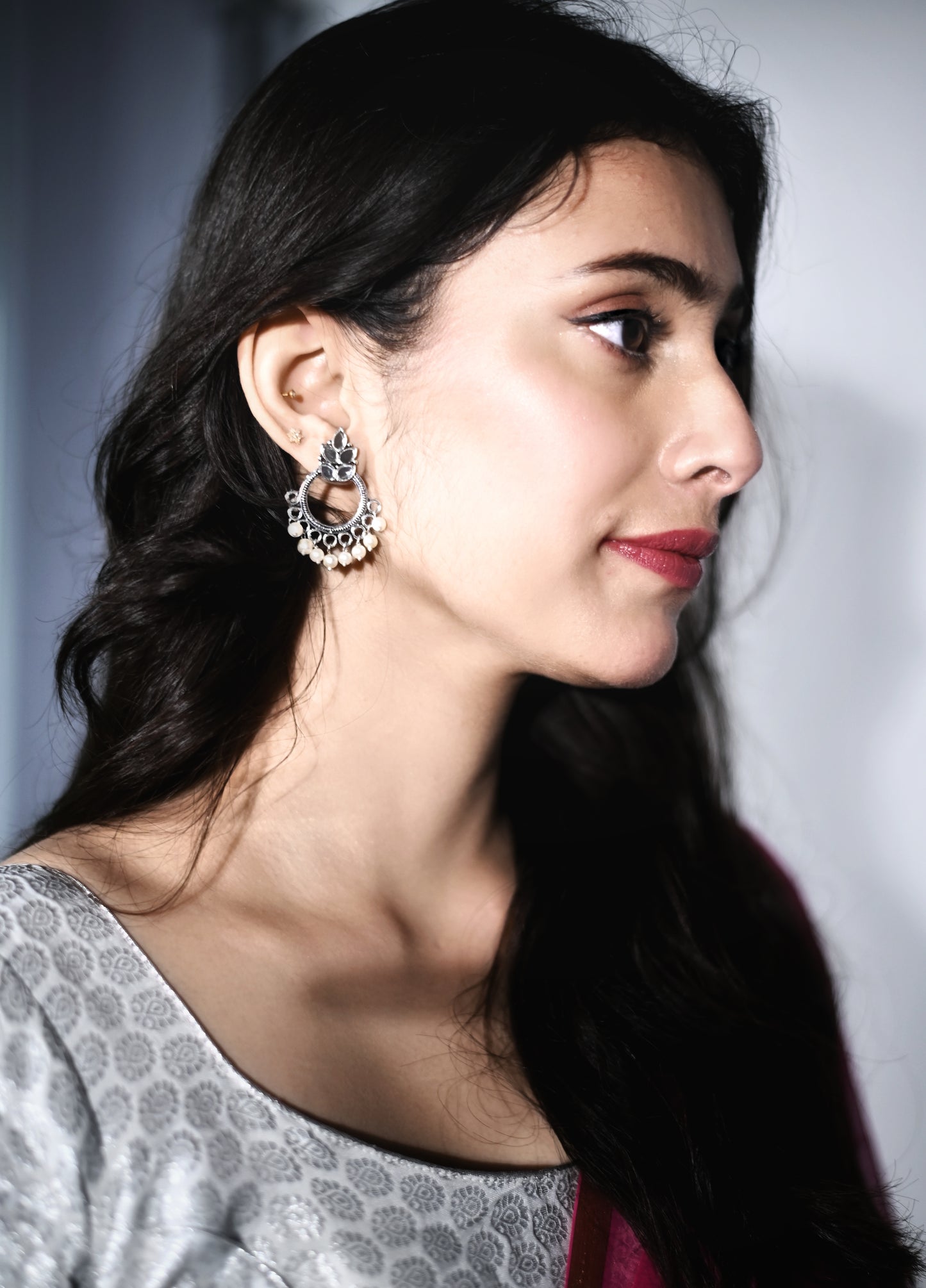 Malook Mirror work oxidised pearl earring