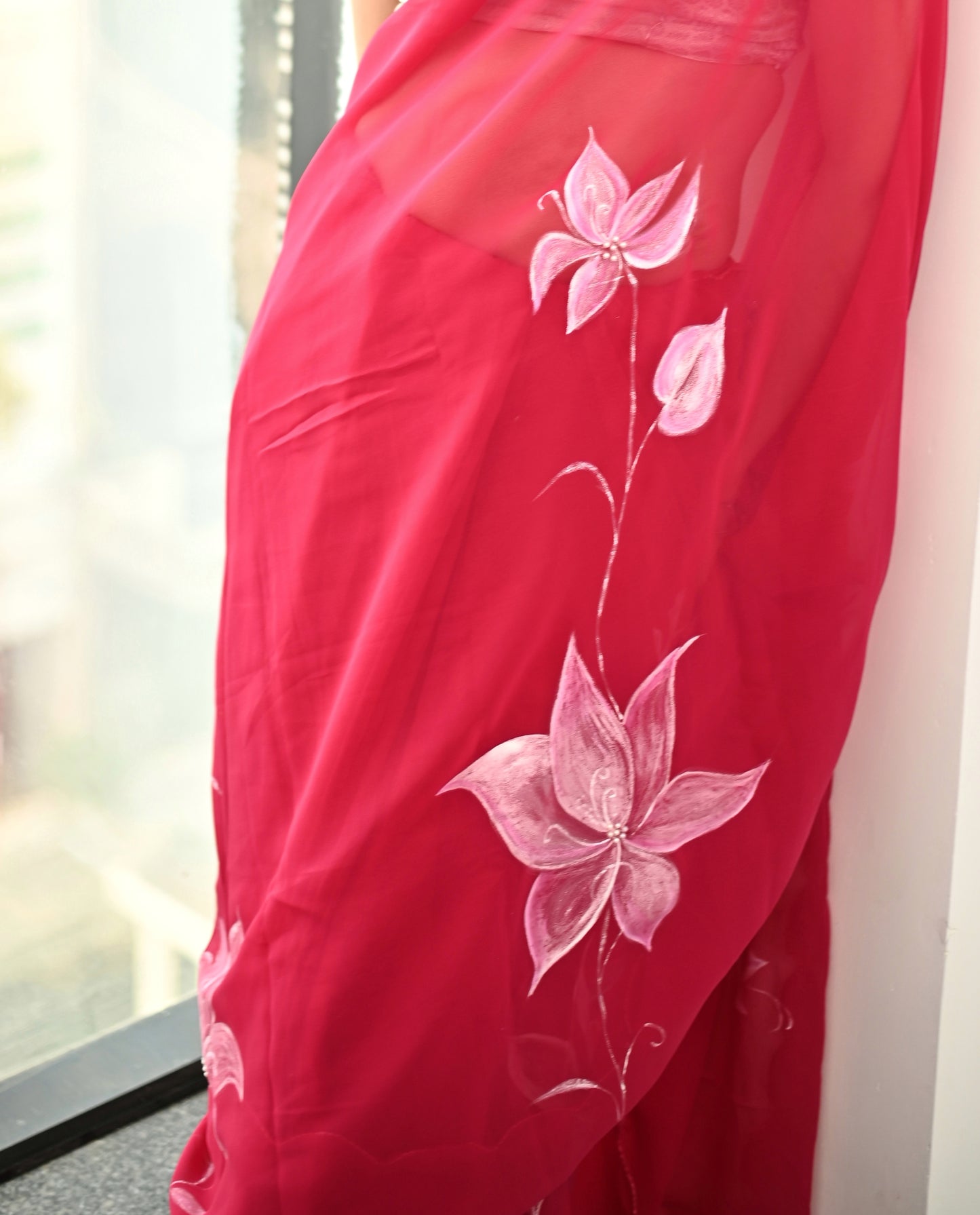 Malook Hot Pink Georgette Hand-Painted saree