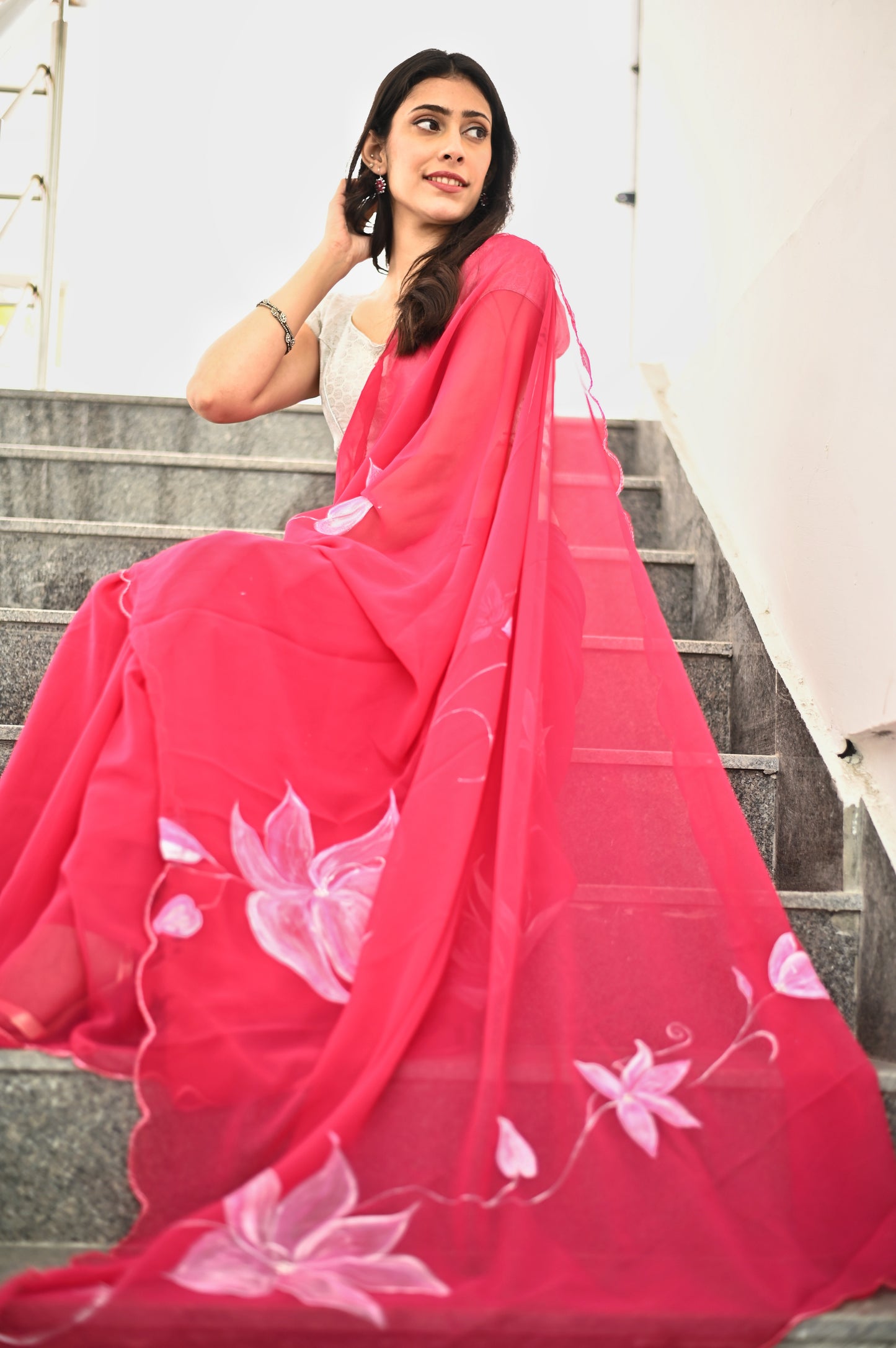 Malook Hot Pink Georgette Hand-Painted saree
