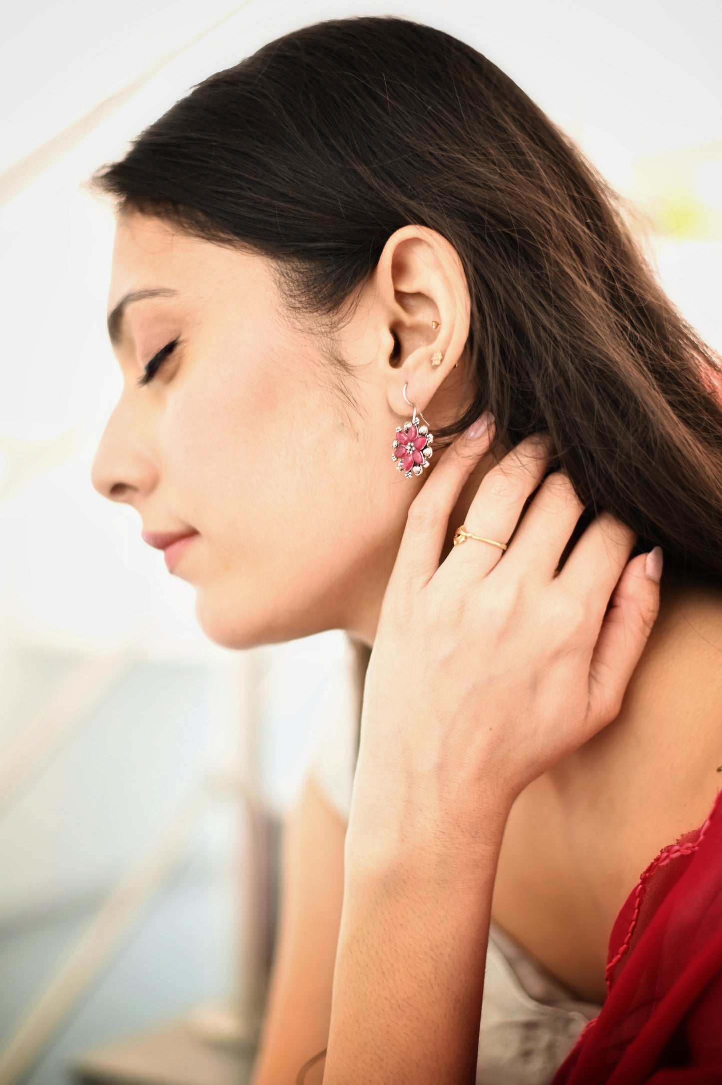 Malook Maroon Floral Design Earring