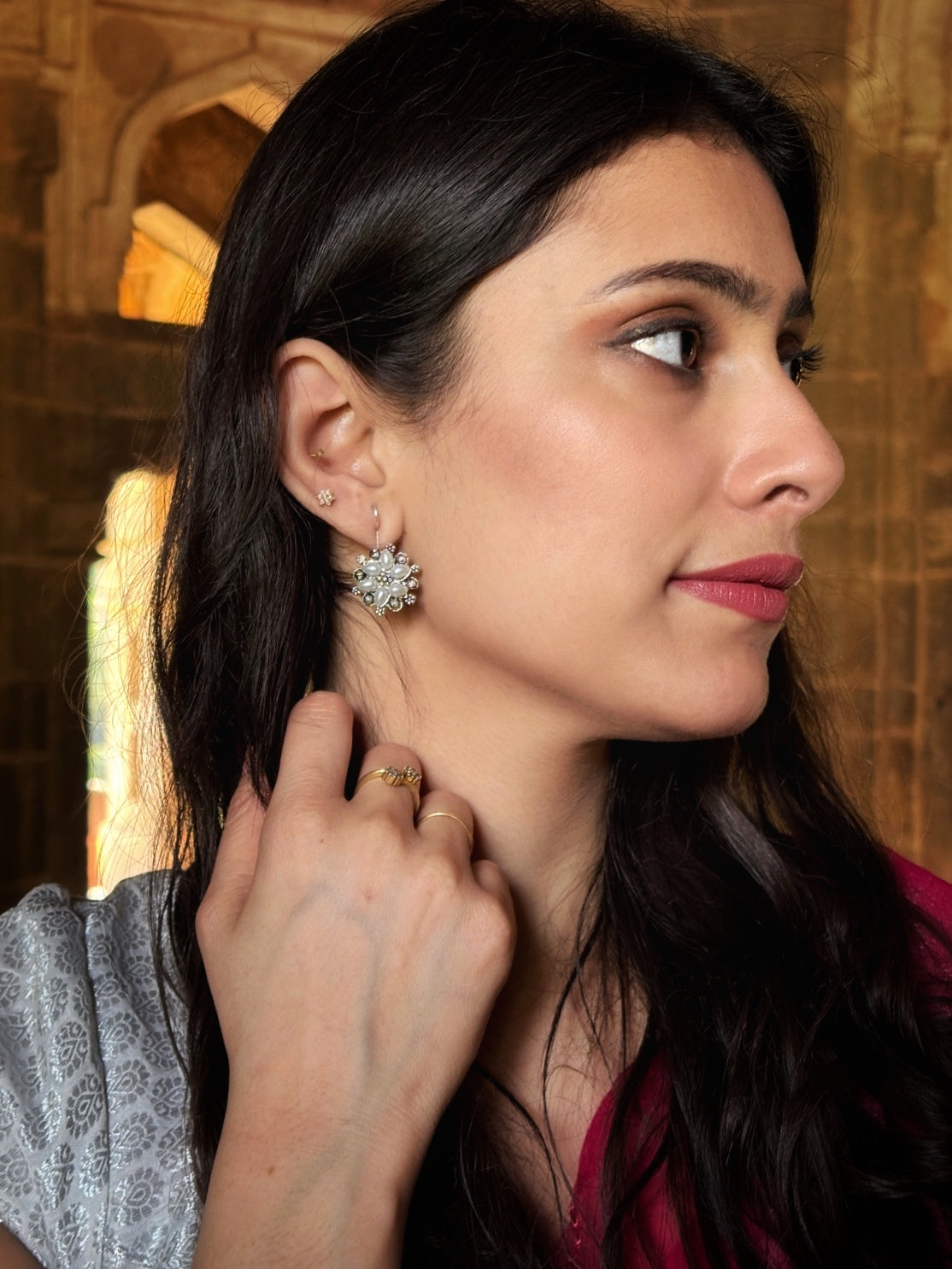 Malook White Pearl Floral Earring