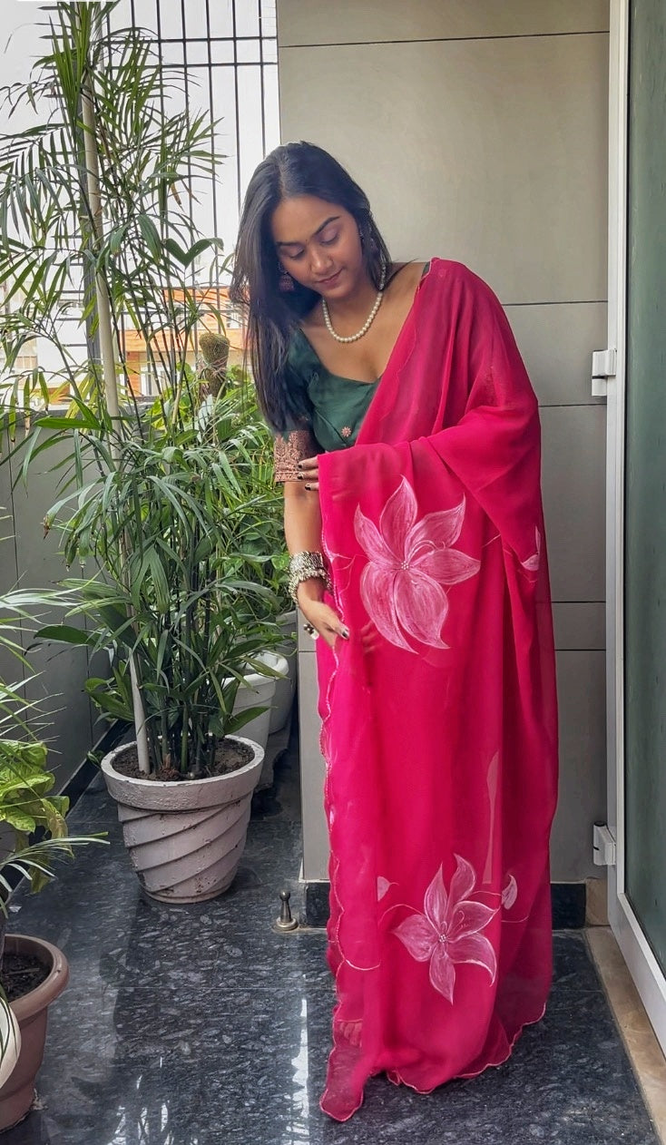 Malook Hot Pink Georgette Hand-Painted saree