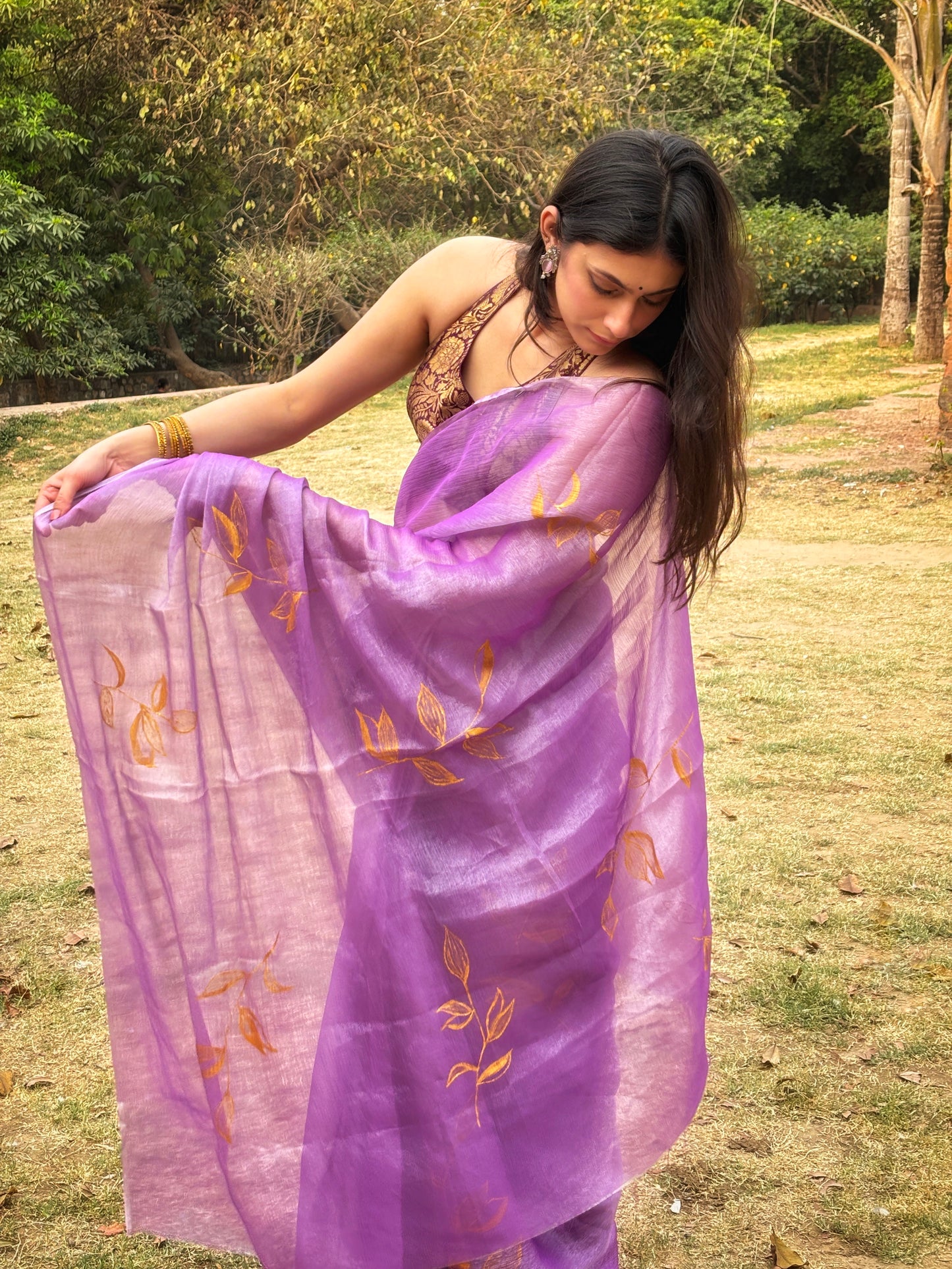 Malook Purple Shiny Crepe Hand-painted Saree