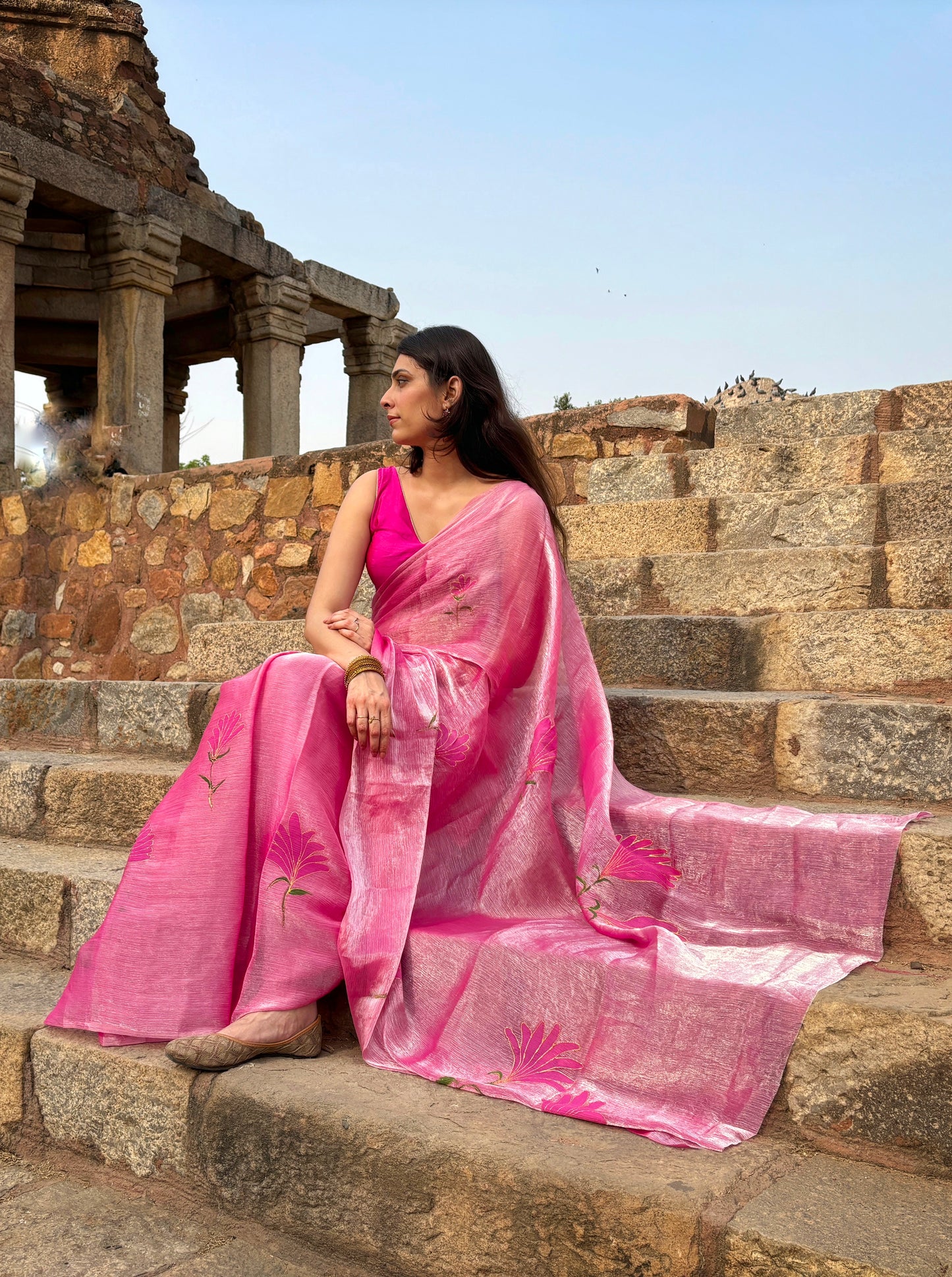 Malook Pink Shiny Crepe Hand-painted Saree
