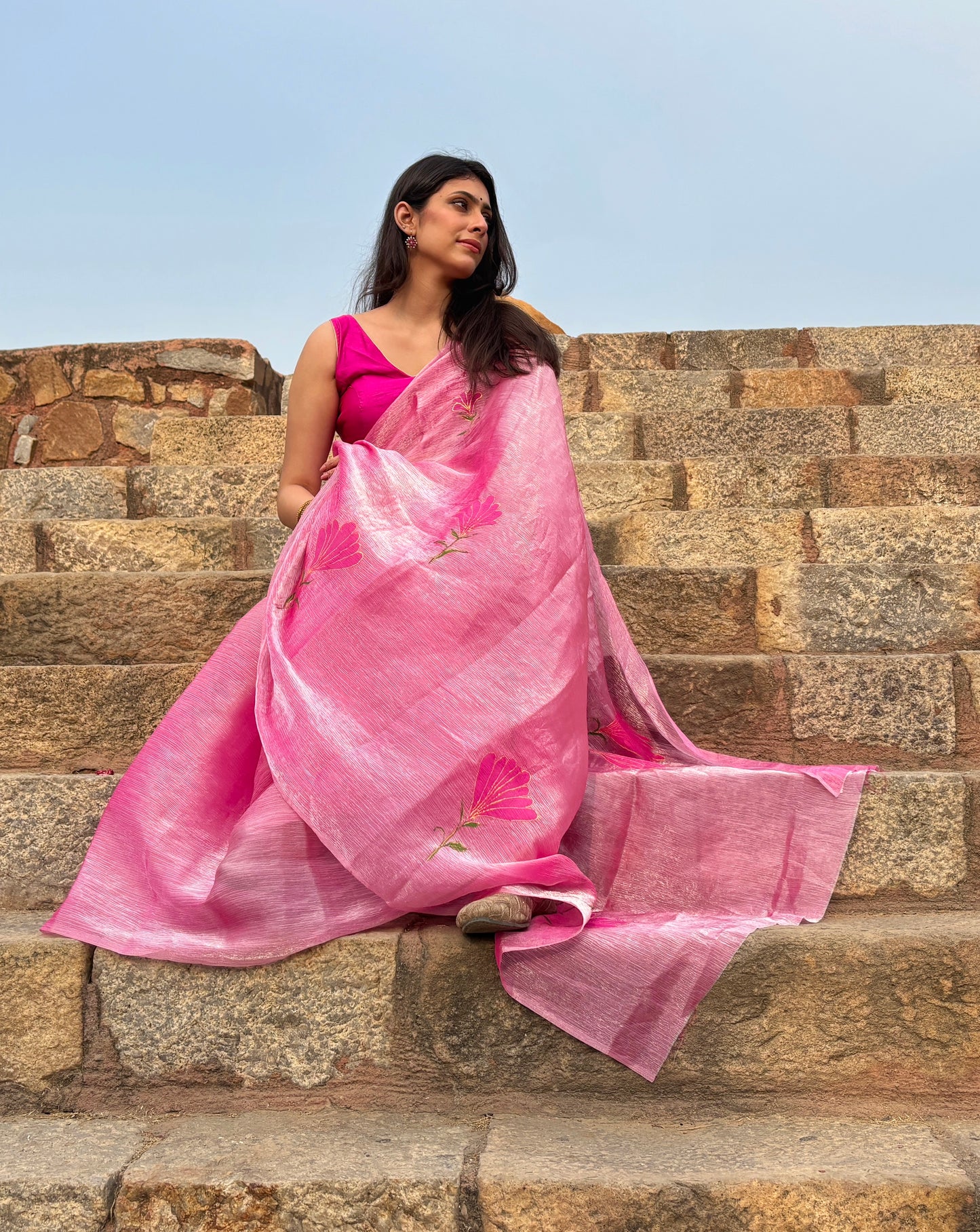 Malook Pink Shiny Crepe Hand-painted Saree