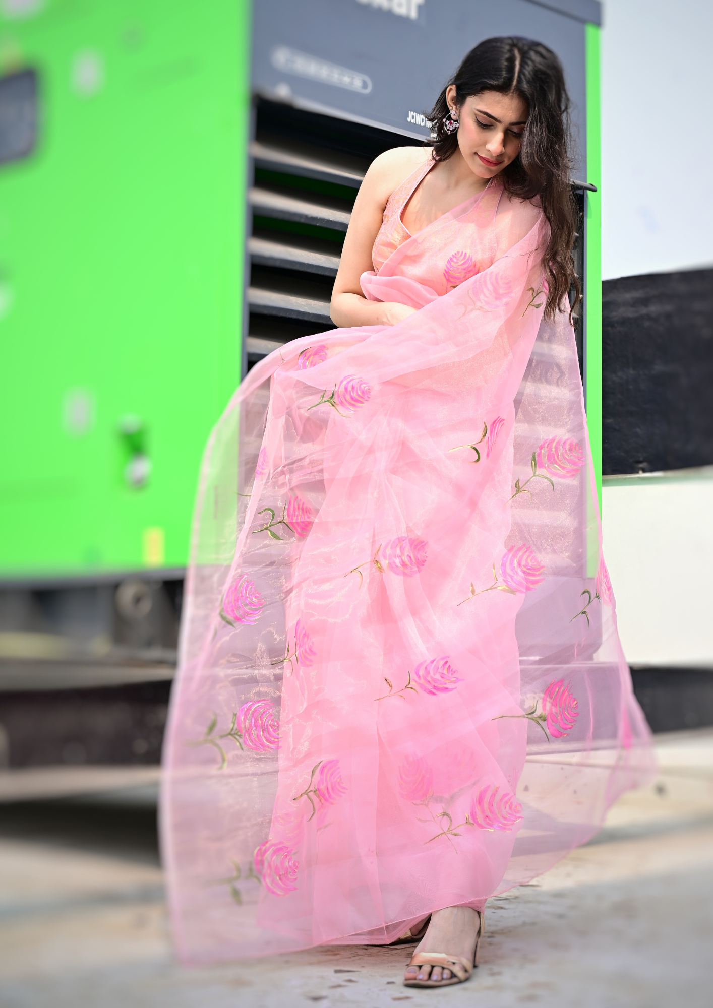Malook Blush Pink Organza Hand-Painted saree with Rose motifs