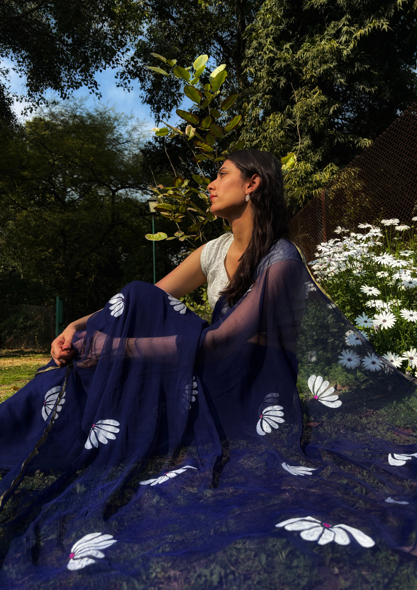 Malook Navy Blue Chiffon saree with Hand-Painted daisy florals