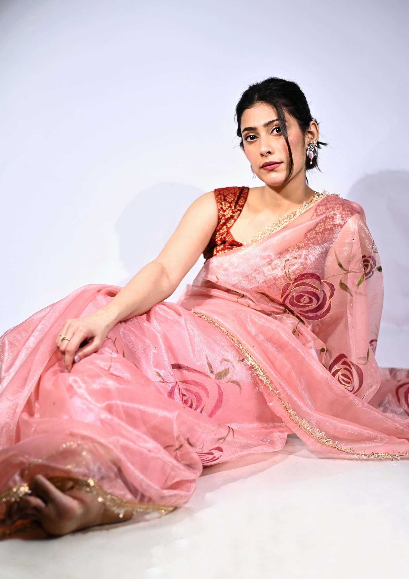 Malook Peach Shining Nylon net Hand-Painted saree with Red Rose Motifs