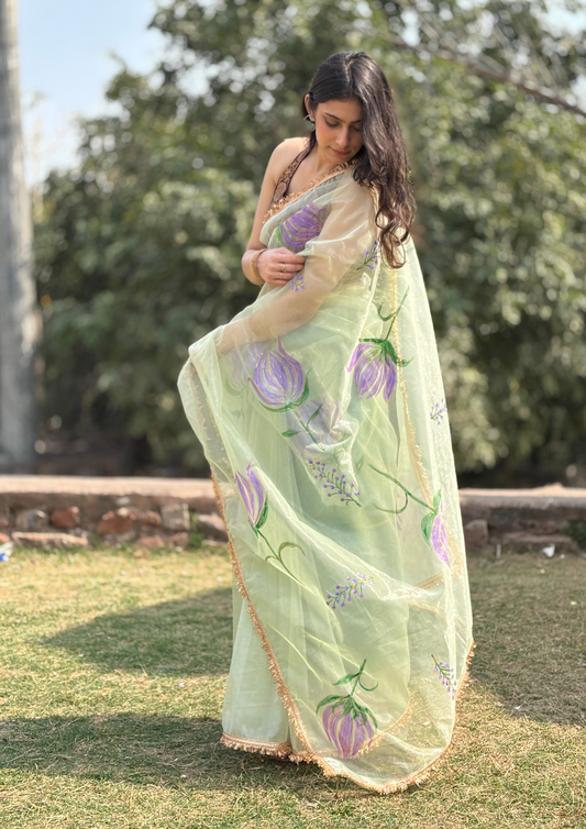 Malook Pista Green Shining Nylon net Hand-painted saree