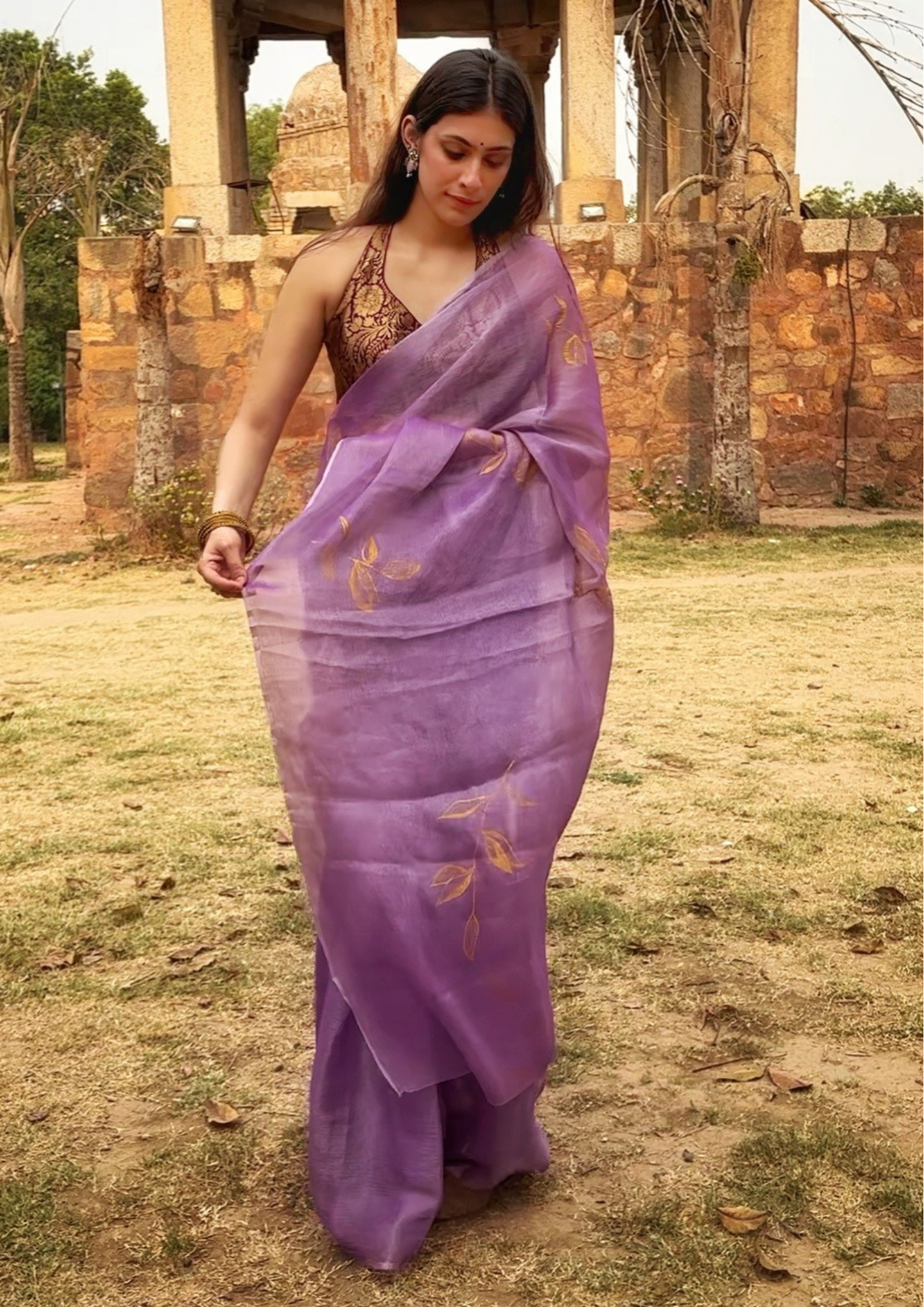 Malook Purple Shiny Crepe Hand-painted Saree