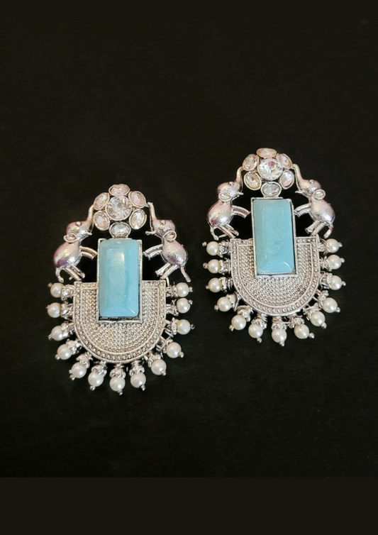 Malook Mint Blue Elephant Silver Earring