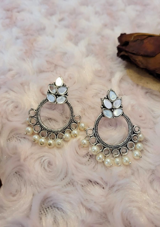 Malook Mirror work oxidised pearl earring