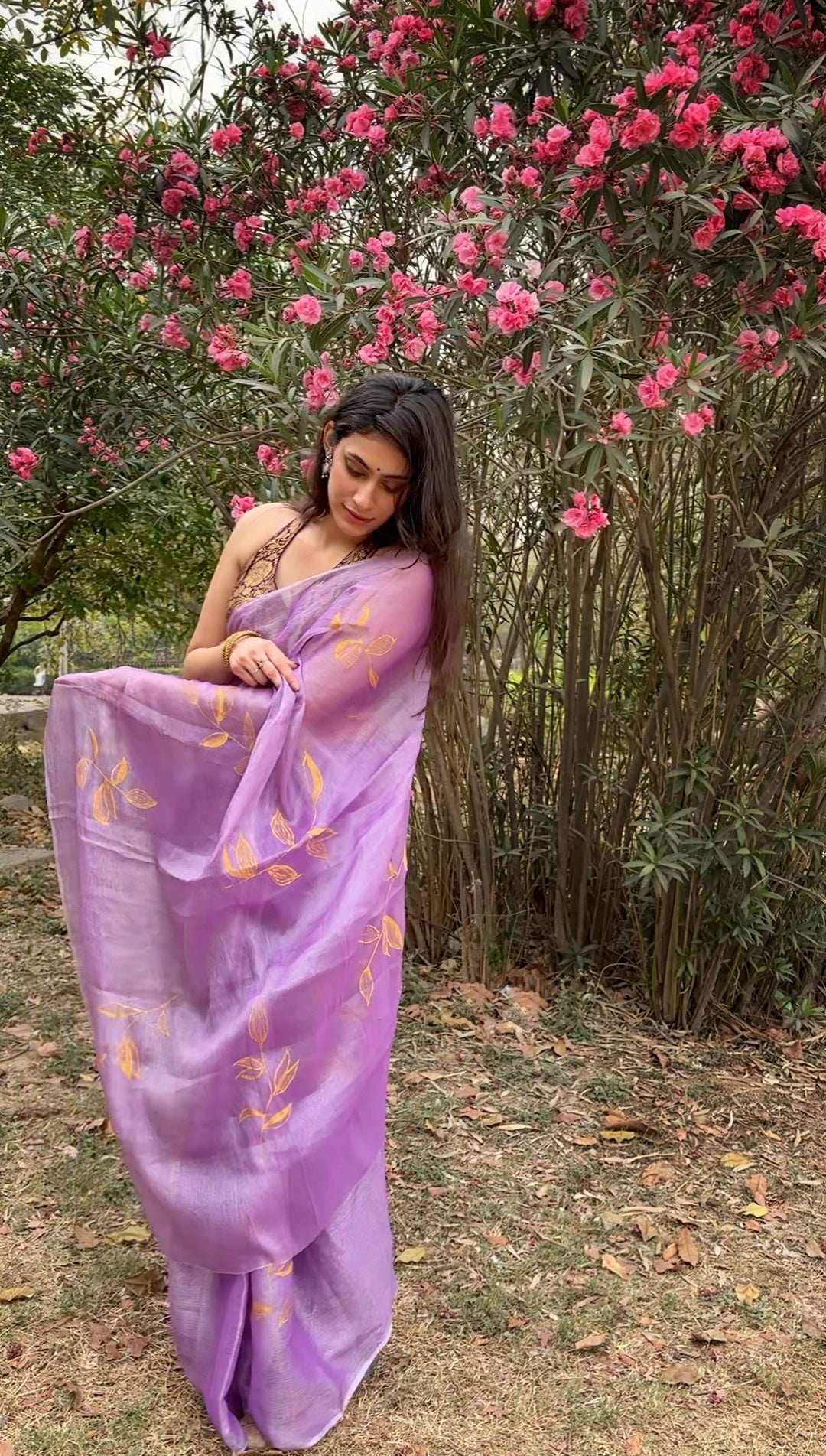 Malook Purple Shiny Crepe Hand-painted Saree