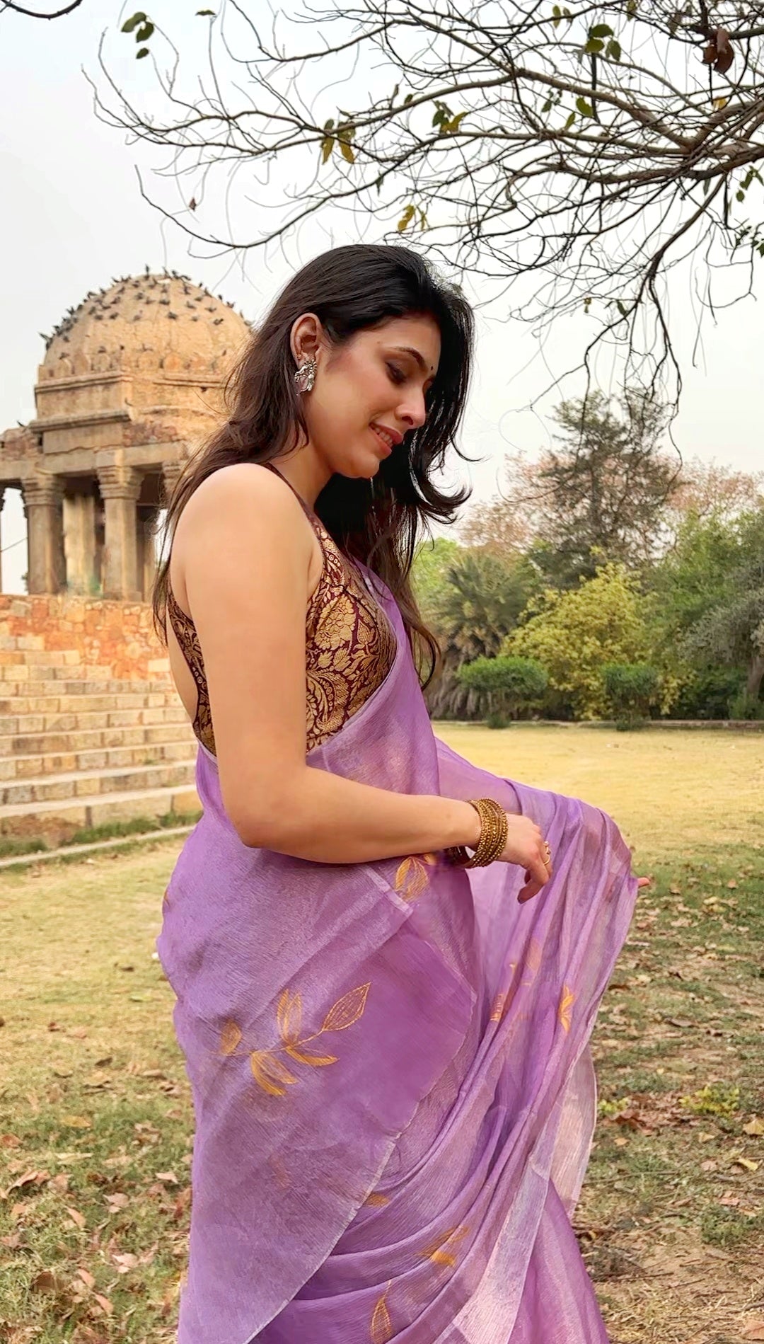 Malook Purple Shiny Crepe Hand-painted Saree
