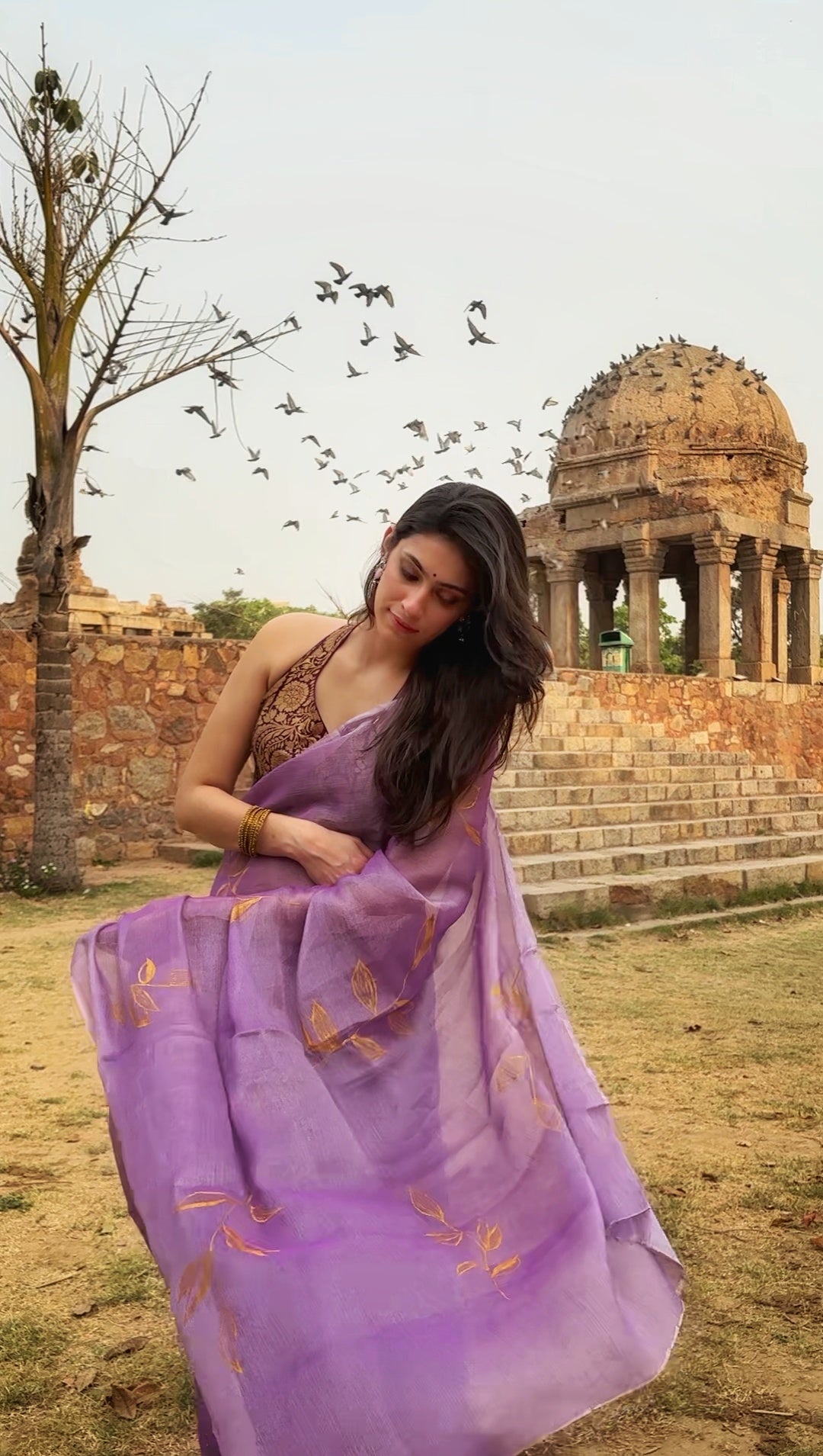 Malook Purple Shiny Crepe Hand-painted Saree