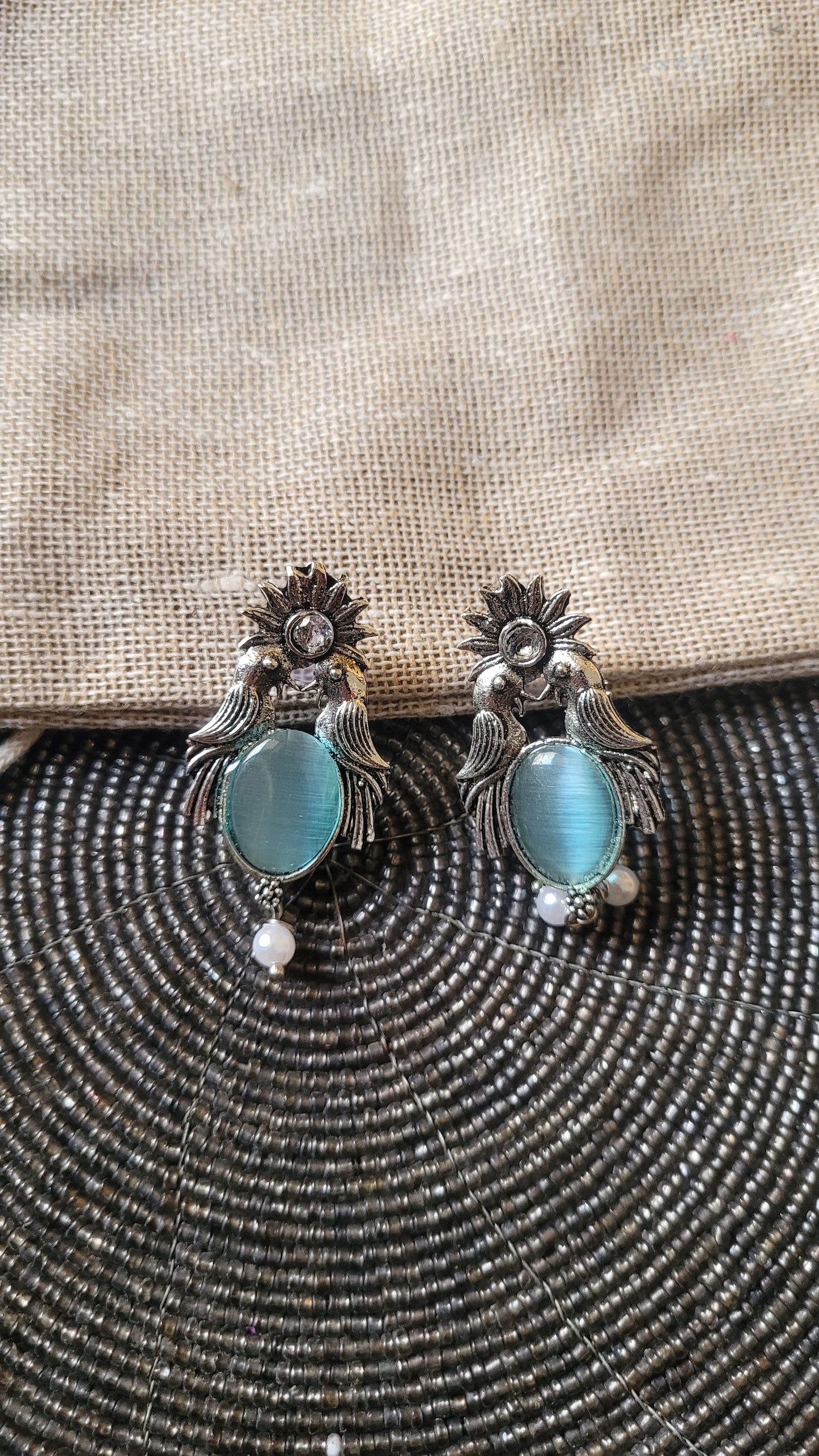 Malook Sky Blue Bird with Sun Design Earrings