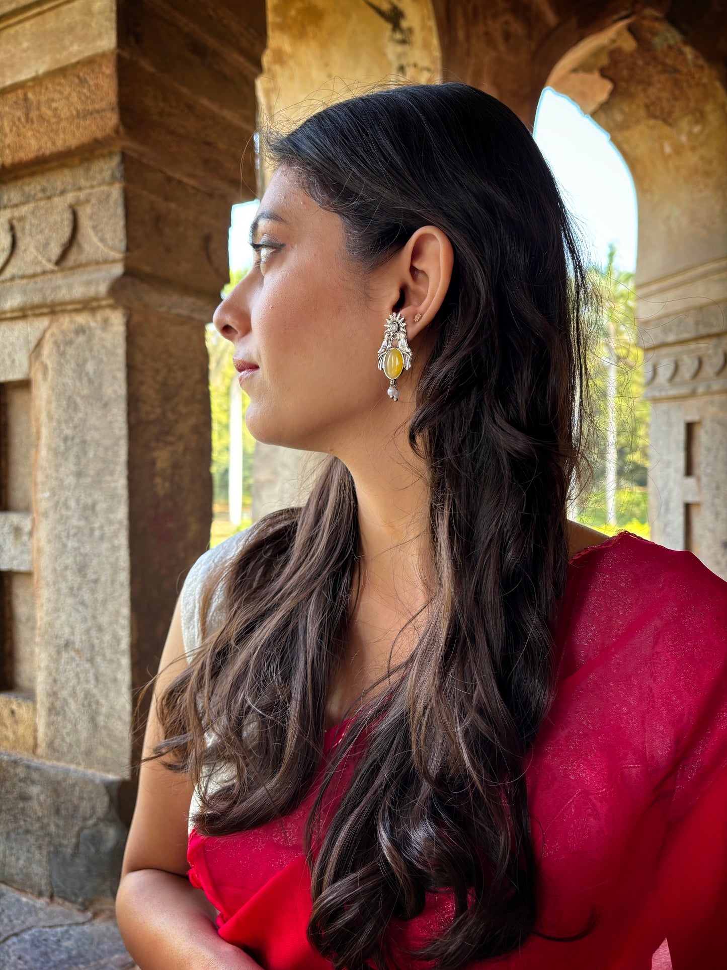 Malook Yellow Bird with Sun Design Earrings