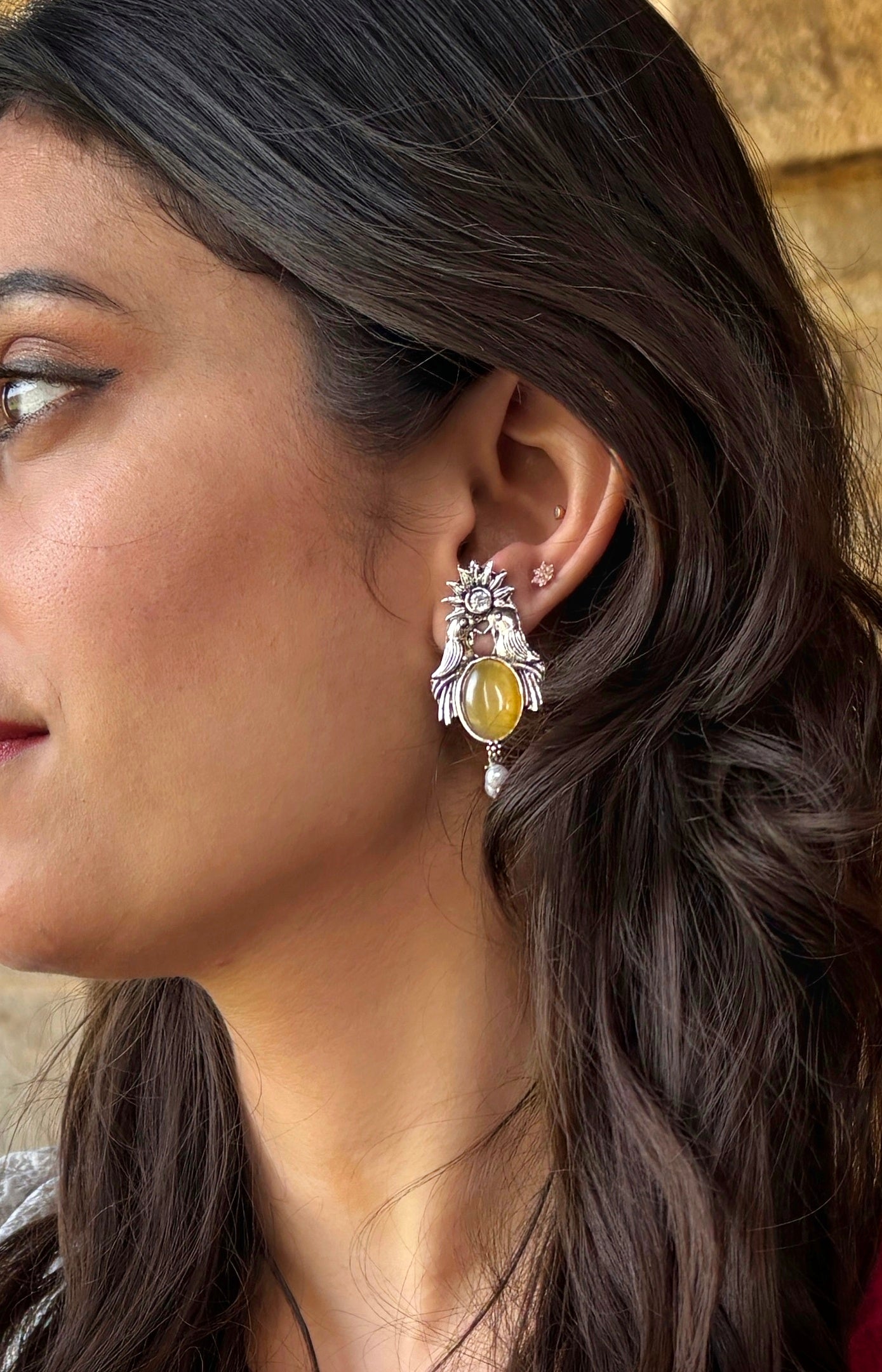 Malook Yellow Bird with Sun Design Earrings