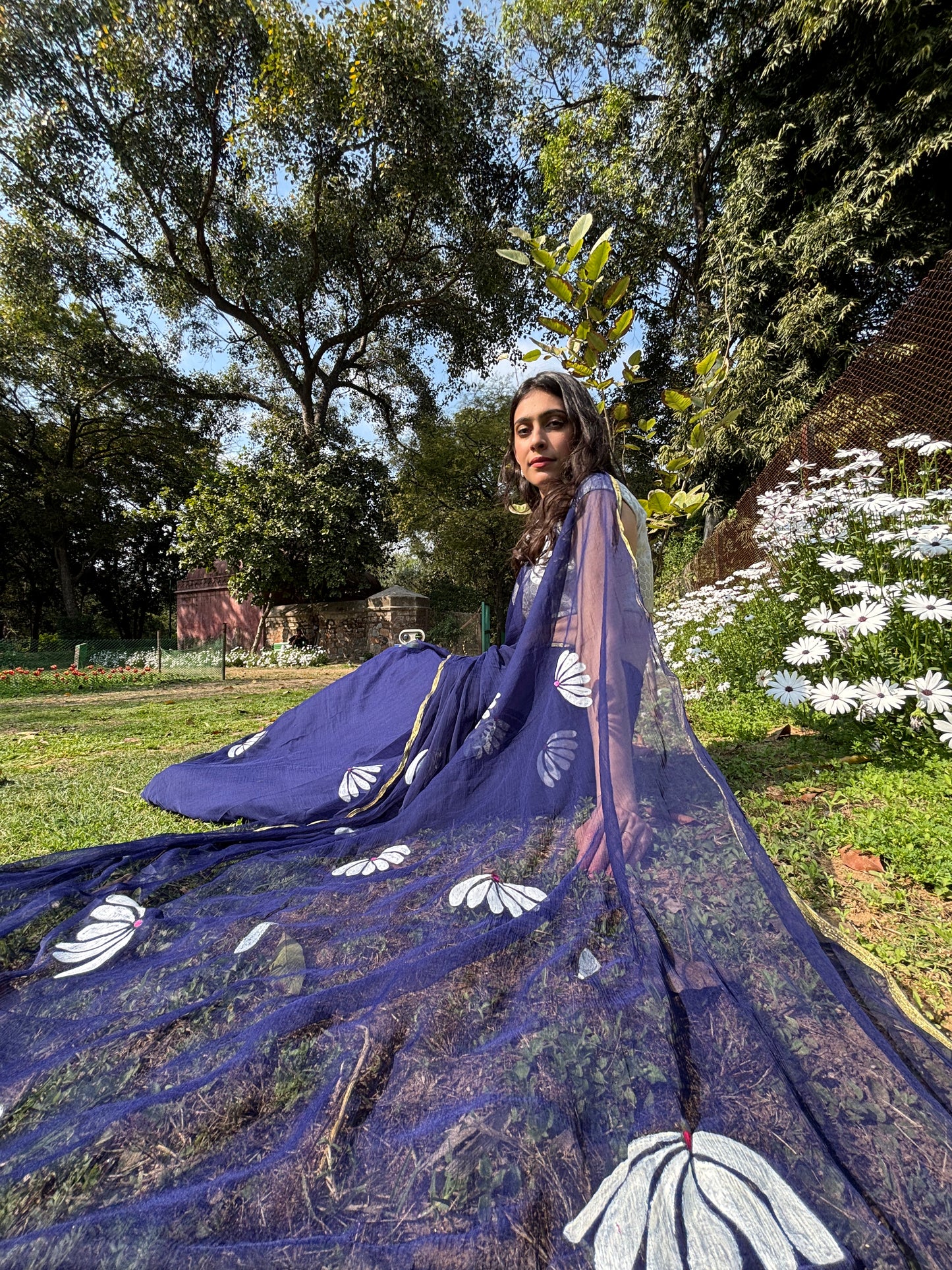 Malook Navy Blue Chiffon saree with Hand-Painted daisy florals