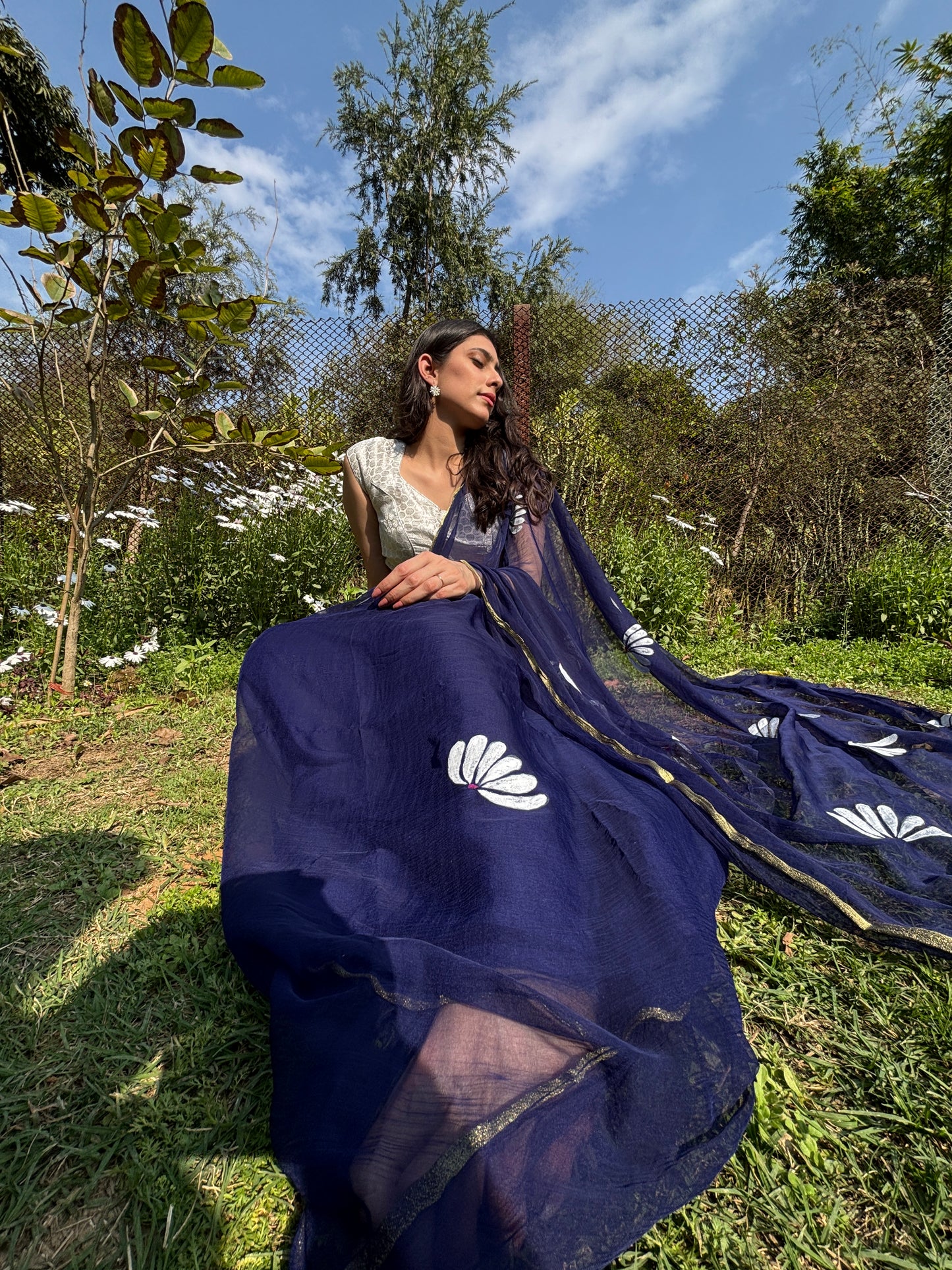 Malook Navy Blue Chiffon saree with Hand-Painted daisy florals