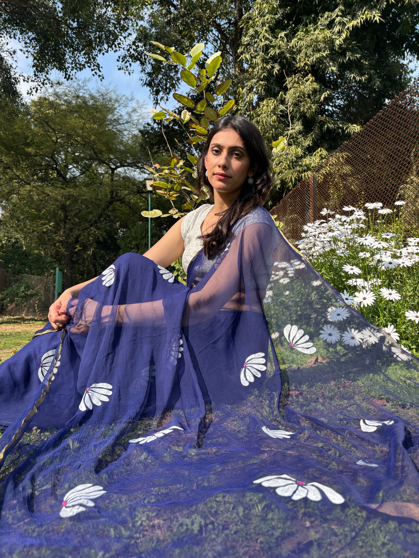 Malook Navy Blue Chiffon saree with Hand-Painted daisy florals