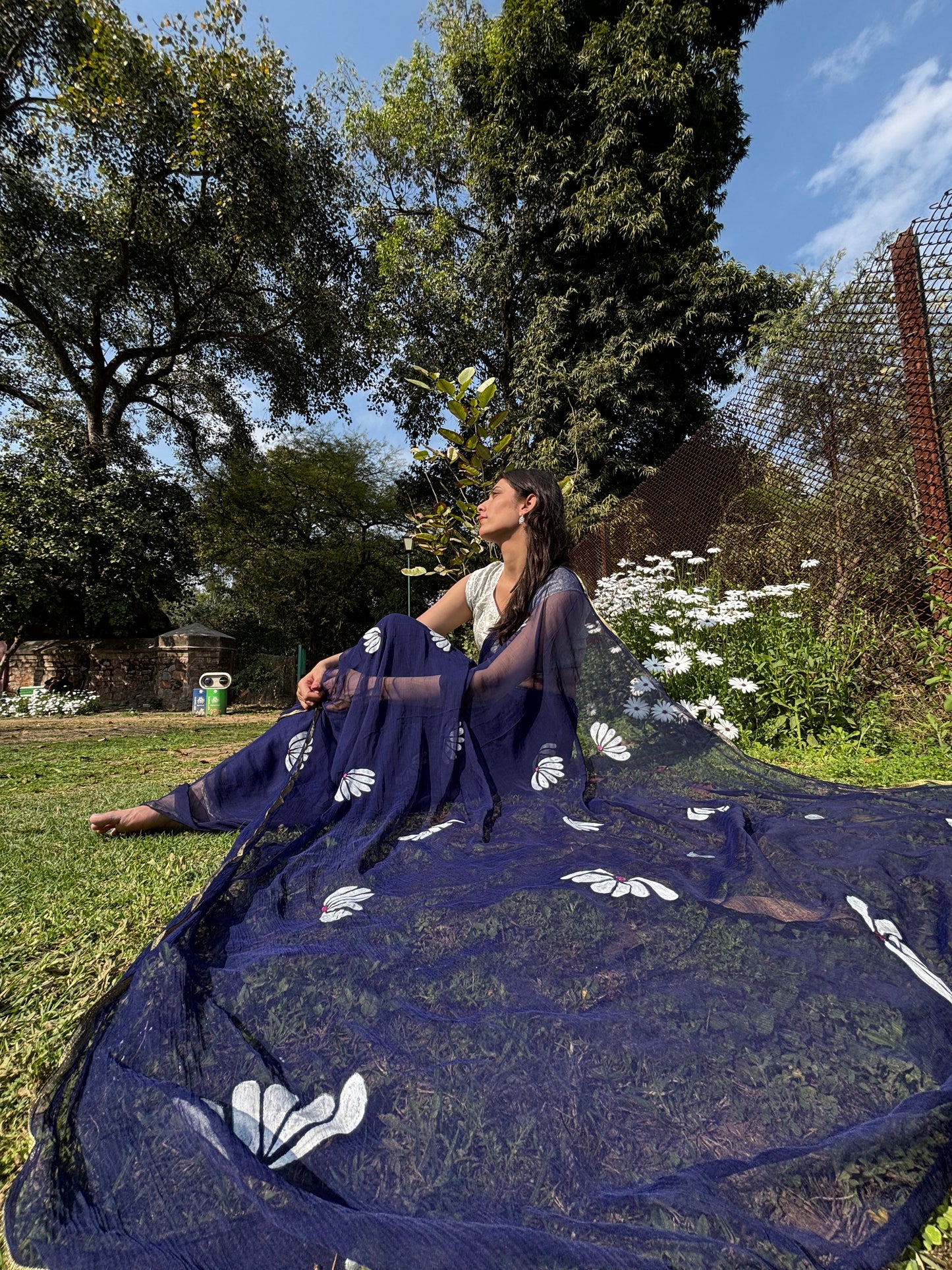 Malook Navy Blue Chiffon saree with Hand-Painted daisy florals