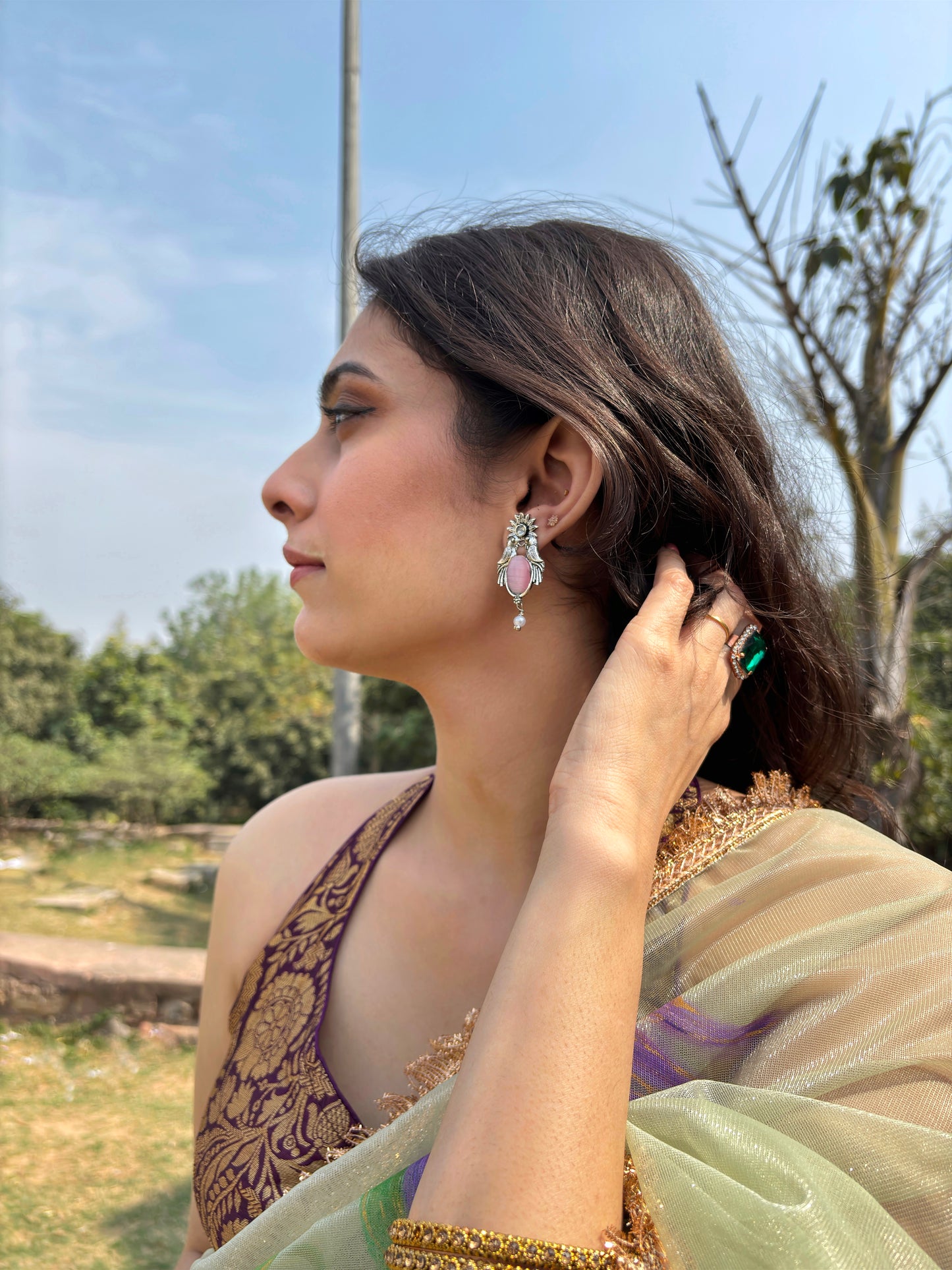 Malook Pink Bird with Sun Design Earrings