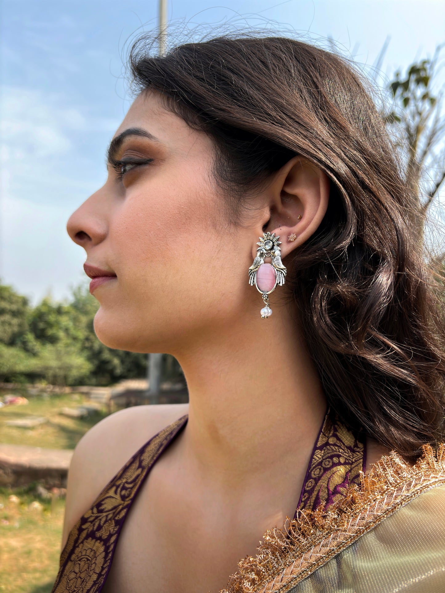 Malook Pink Bird with Sun Design Earrings