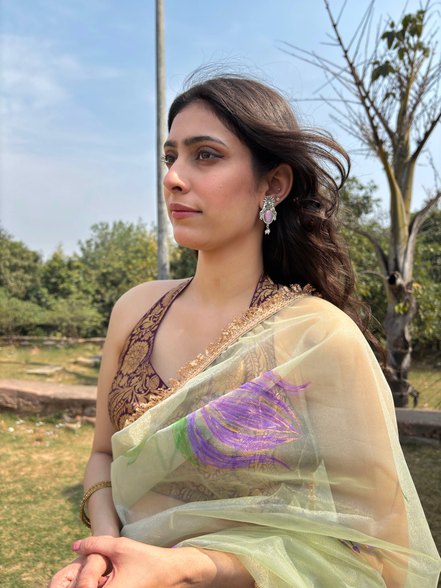 Malook Pink Bird with Sun Design Earrings